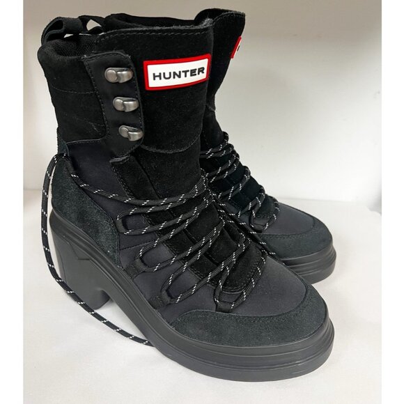 Hunter Black Discoverer Lace Up Ankle Heel Boots Womens Sz 7 Water Resistant - Picture 1 of 9